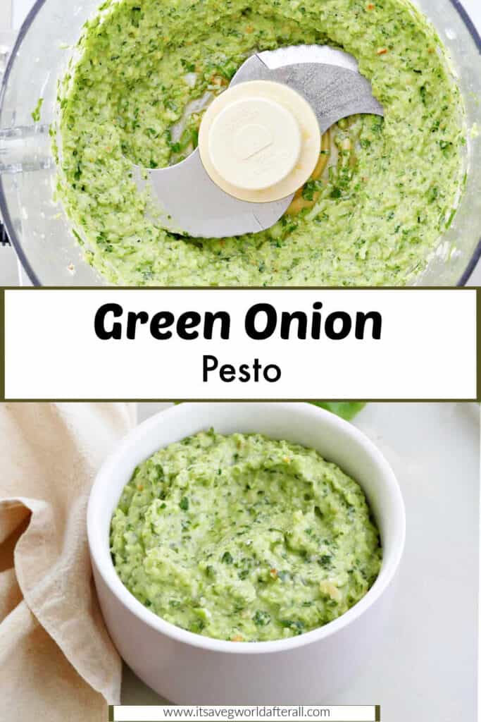 scallion pesto in a food processor and bowl separated by text box