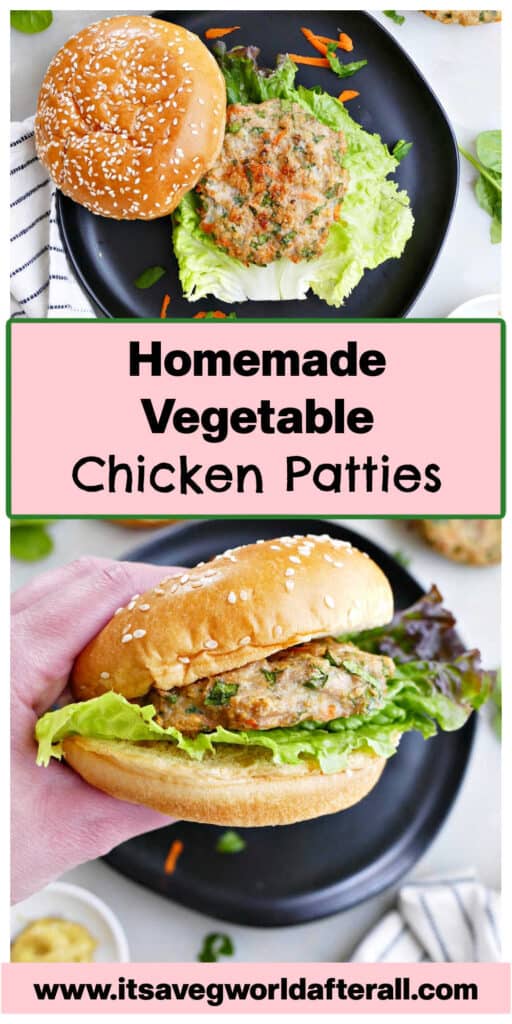 veggie chicken burgers separated by text box with recipe name