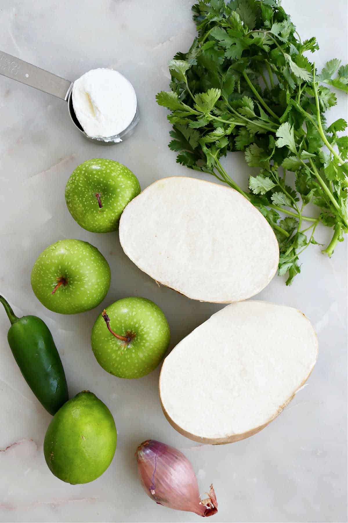 yogurt, green apples, cilantro, jicama, jalapeño, lime, and shallot on a counter