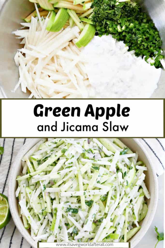 ingredients for jicama slaw and finished recipe in a bowl separated by text box