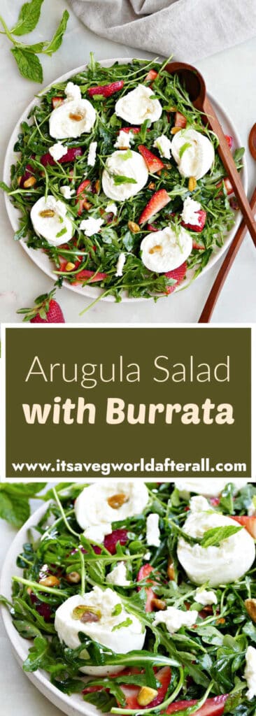 arugula burrata salad on serving plates separated by text box with recipe name