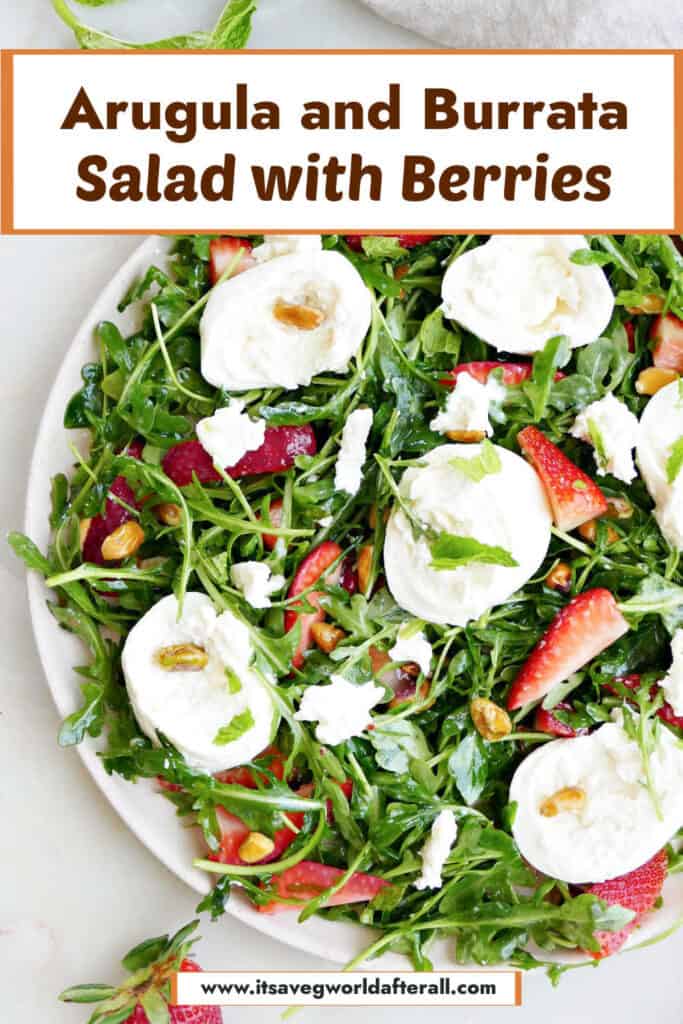 arugula and burrata salad on a plate with text boxes for recipe name and website