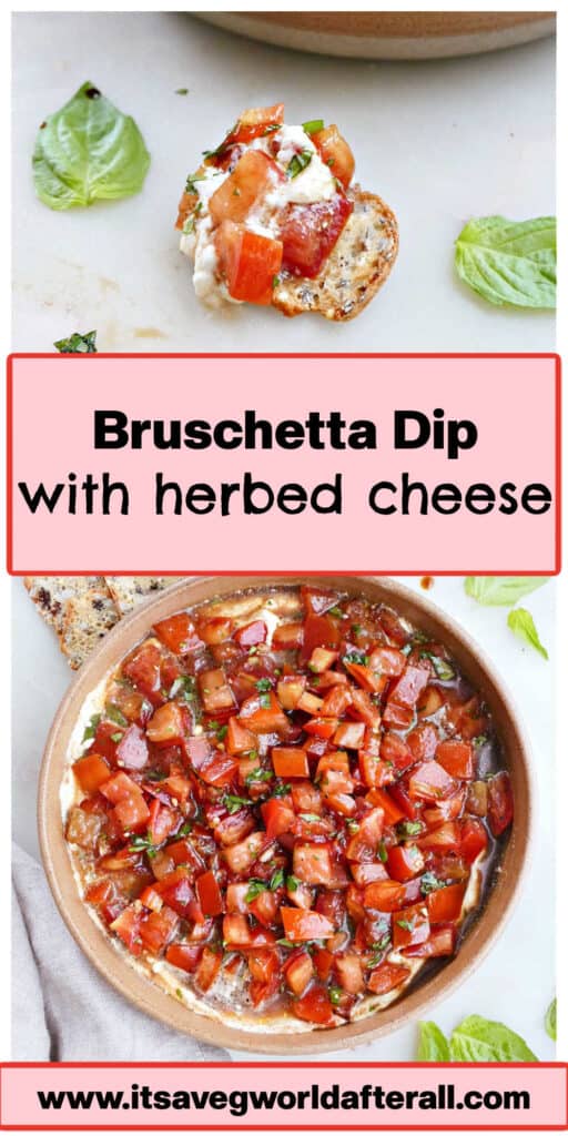 bruschetta dip on a cracker and in a bowl separated by text box with recipe name