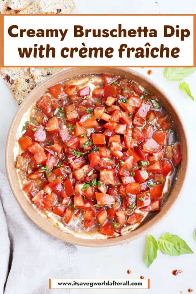 bruschetta and cheese appetizer in a bowl under text box with recipe name