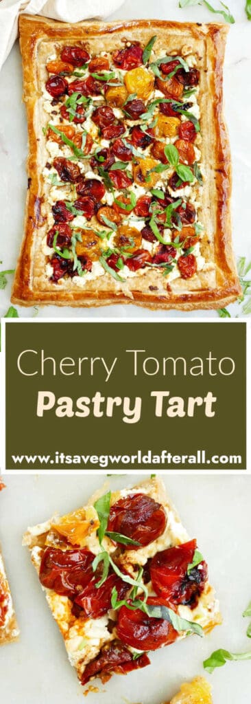 cherry tomato tart and a piece of it separated by a text box