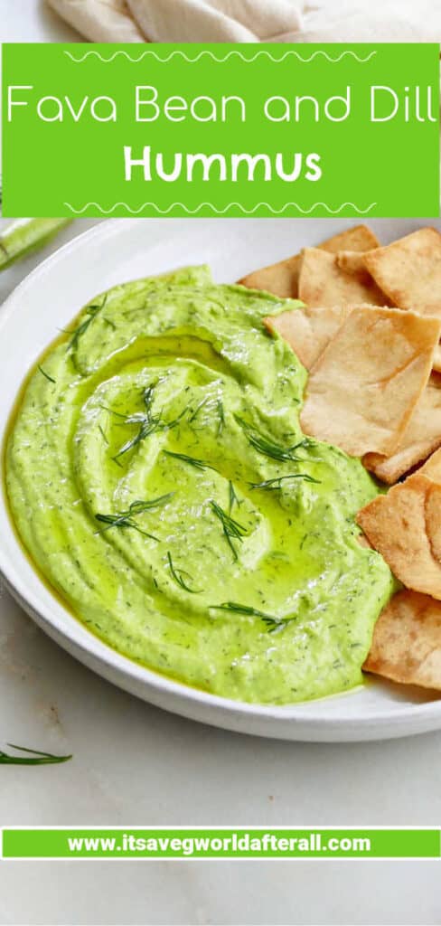 fava bean hummus and chips on a plate under text box with recipe name
