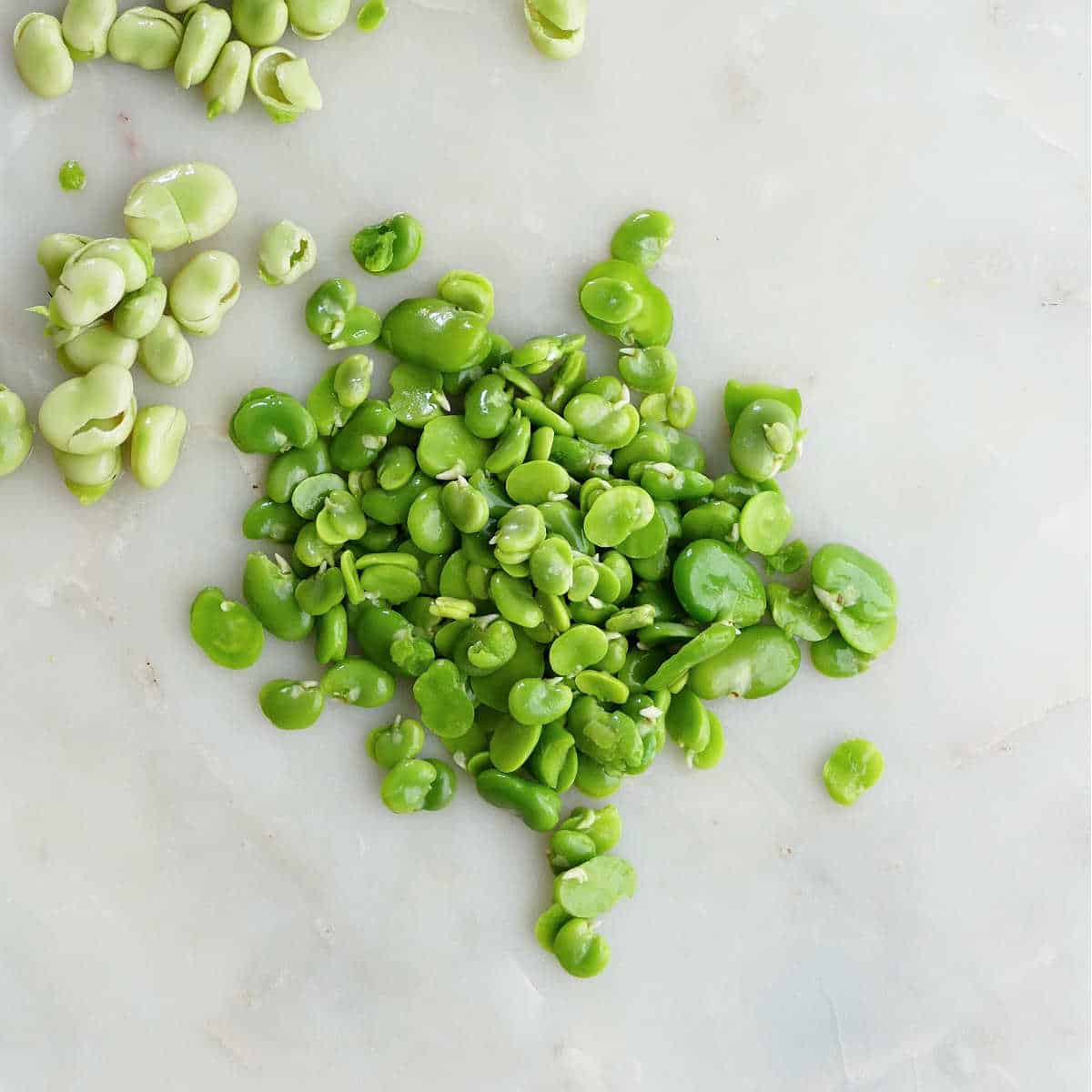 fava beans removed from their skins after being blanched on a counter