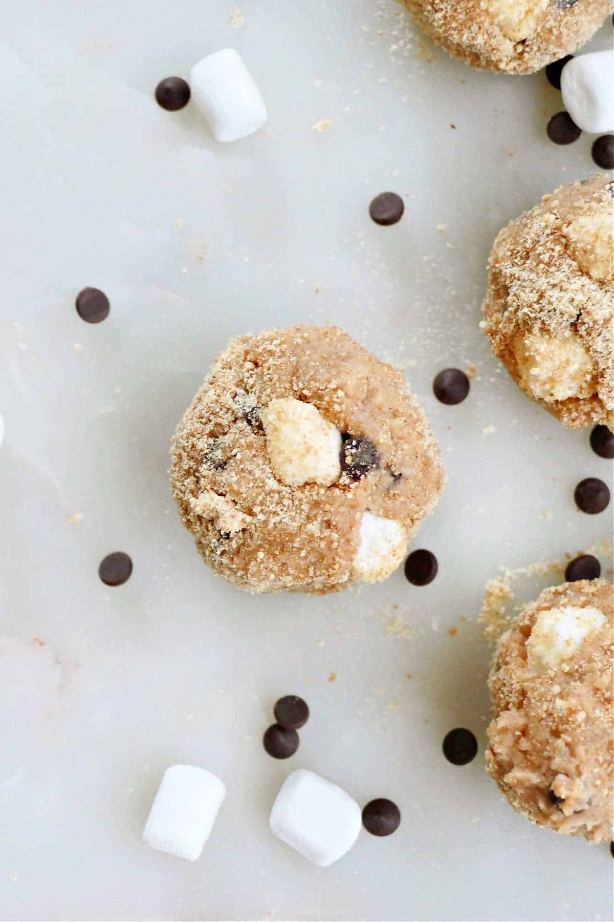 healthy s'mores ball made with peanut butter and beans on a counter
