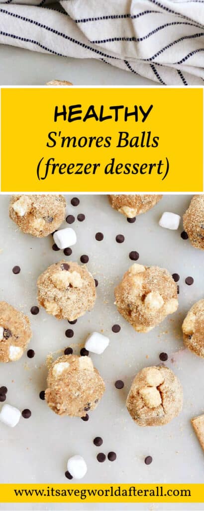 s'mores protein balls on a counter with text boxes for recipe name and website