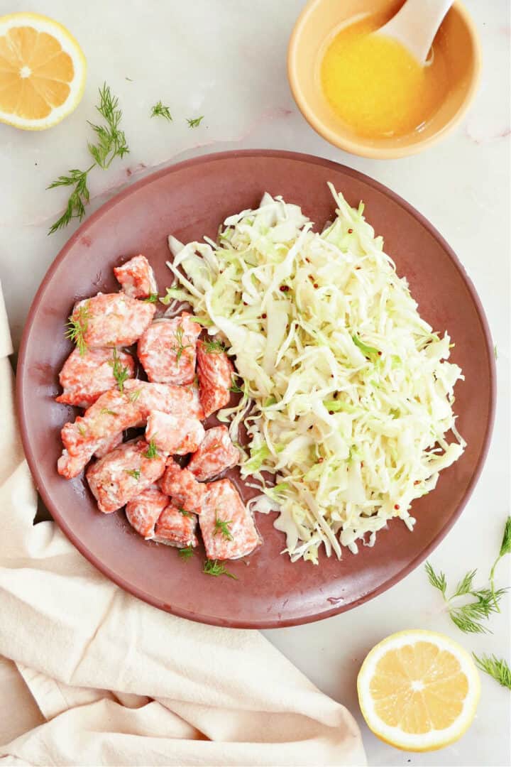 Lemon Butter Salmon Bites with Vinegar Slaw It's a Veg World After All®