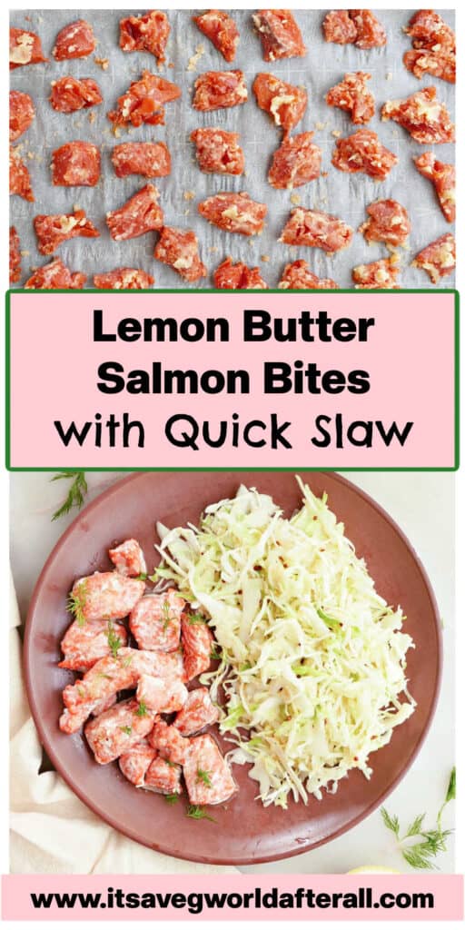 salmon bites on a baking sheet and on a plate with slaw separated by text box