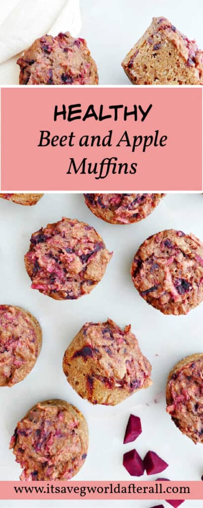 beet apple muffins on a counter with text boxes for recipe title and website