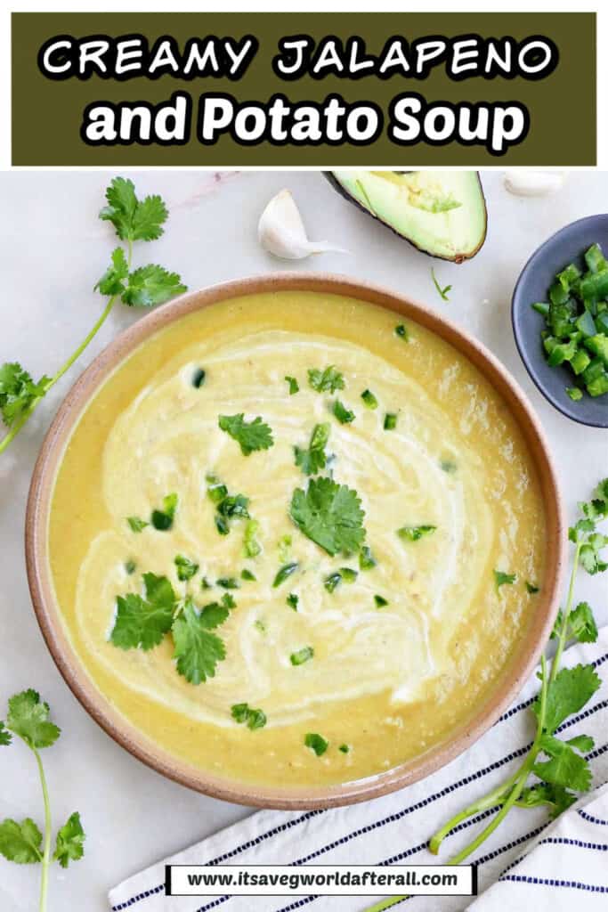 cream of jalapeño soup in a bowl under text box with recipe title