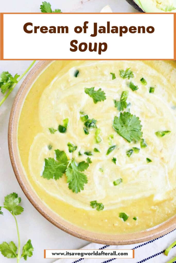 jalapeño soup in a bowl with text boxes for recipe name and website