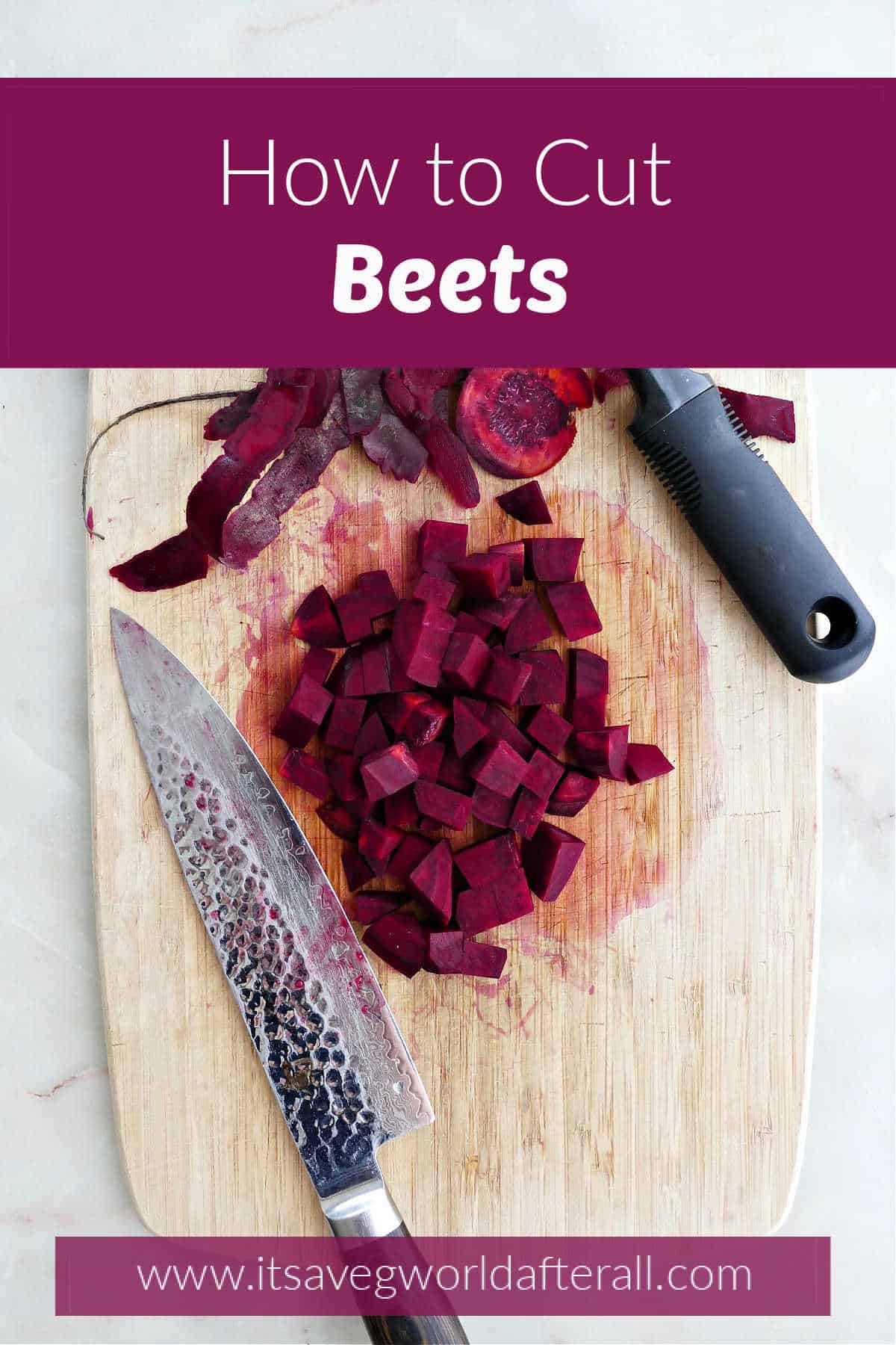 diced beets on a cutting board with text boxes for post name and website