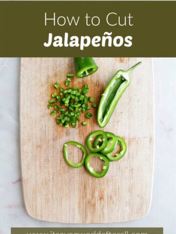 jalapeño halves, slices, and diced pieces on a cutting board