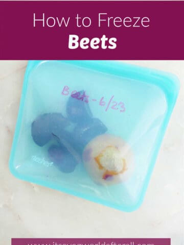 cooked beets stored in a silicone bag on a counter with text box for post name