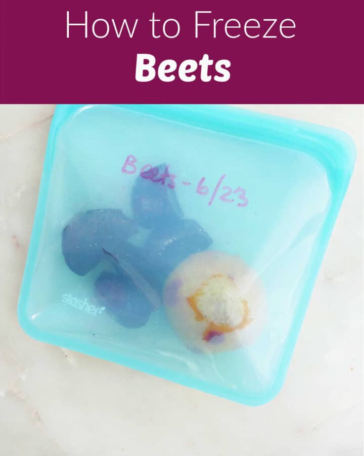 cooked beets stored in a silicone bag on a counter with text box for post name