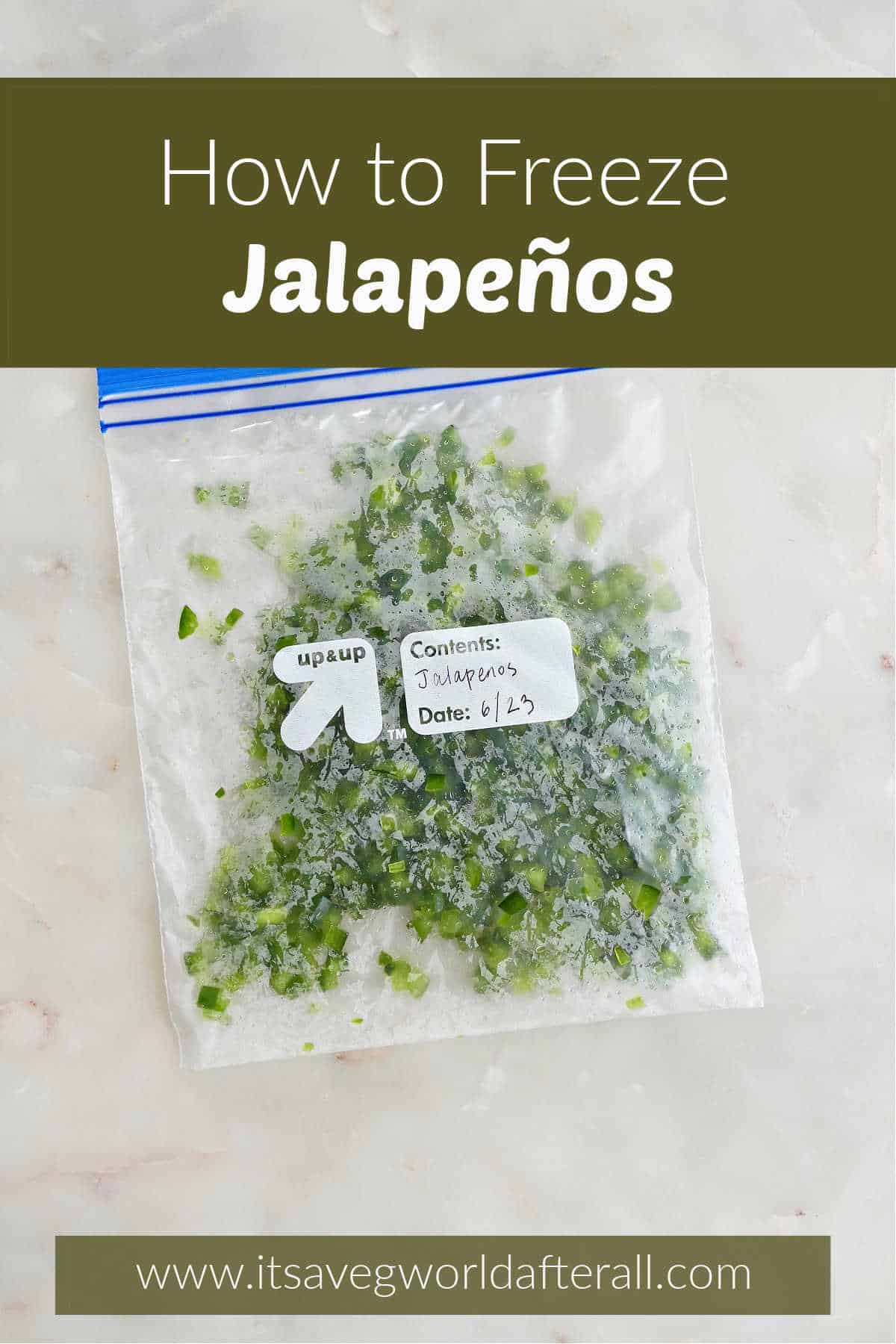 diced jalapeños in a freezer bag with text boxes for post name and website