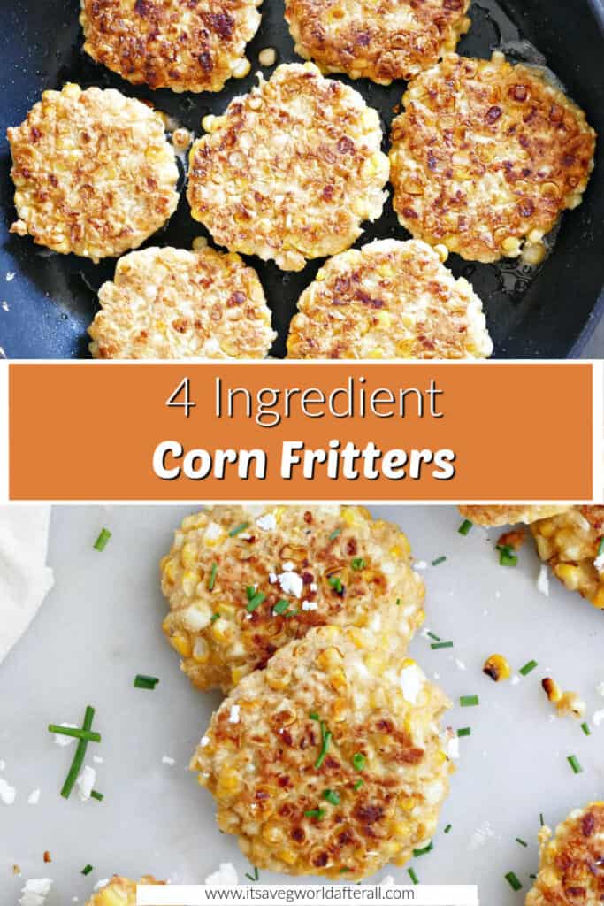 corn fritters cooking in a skillet and on a counter separated by text box