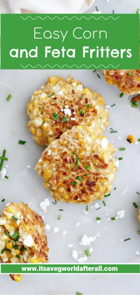 corn fritters on a counter under text box with recipe name