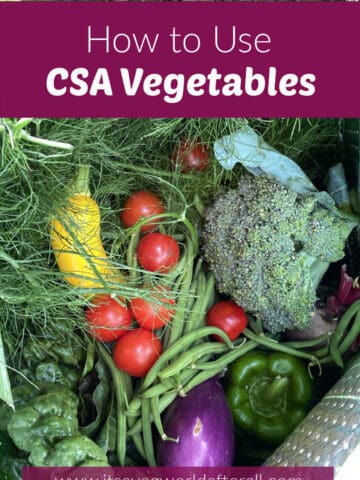 fresh vegetables from a CSA share in a bag with text boxes for post name and website