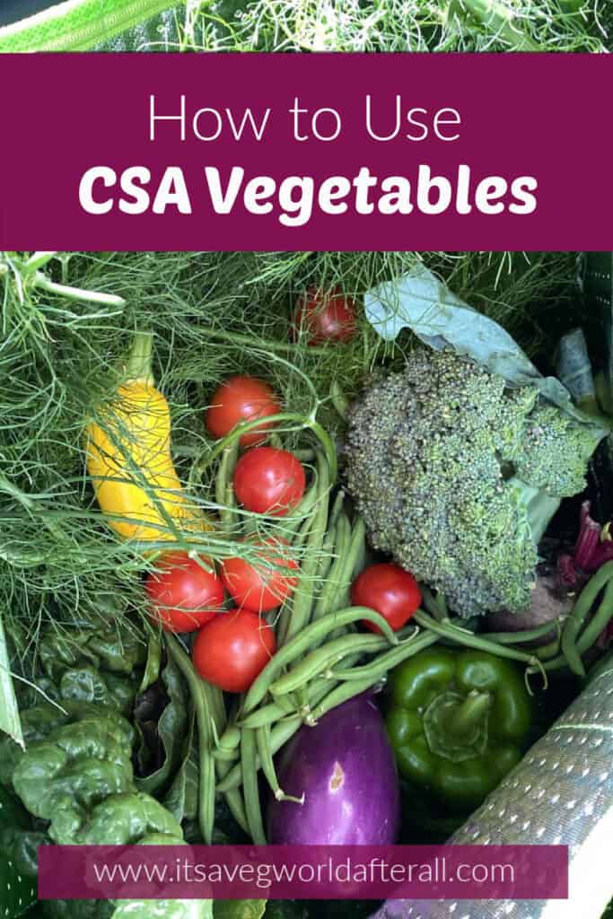 fresh vegetables from a CSA share in a bag with text boxes for post name and website