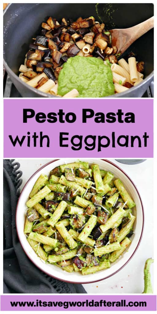 eggplant pasta ingredients in a pot and finished recipe in a bowl with text box