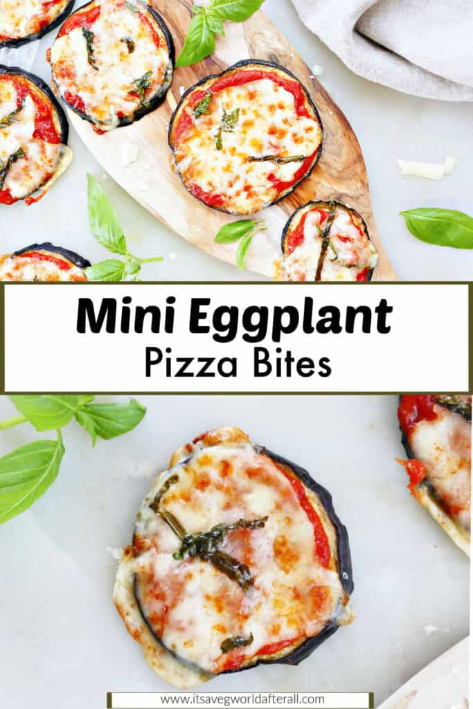 eggplant pizza bites on a wooden slab and counter separated by text box with recipe name