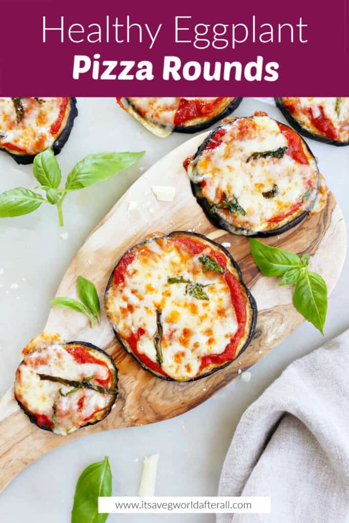 eggplant pizza bites with text boxes for recipe name and website