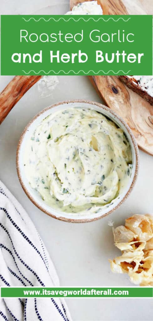 garlic butter in a serving bowl with text boxes for recipe name and website