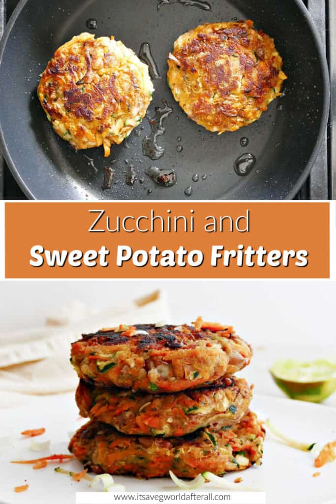 fritters cooking a skillet and on a plate separated by text box with recipe name