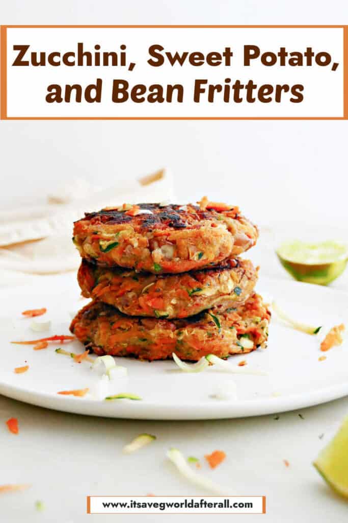 3 zucchini fritters on a plate under text box with recipe name