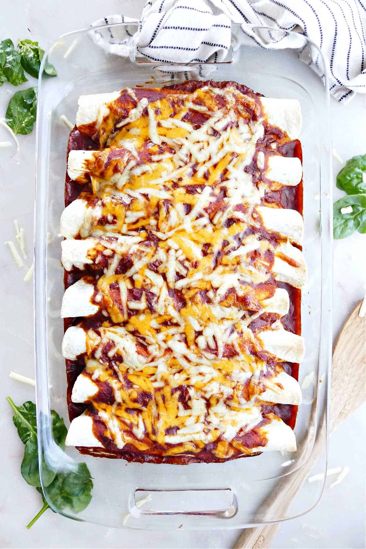 black bean and spinach enchiladas assembled in a rectangular baking dish on a counter