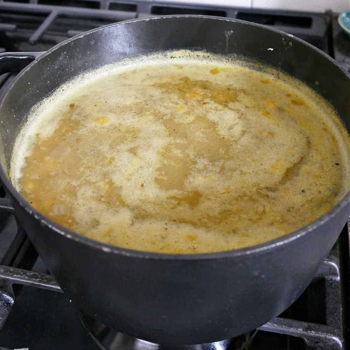 broth and beans added to tomatillo soup base in a pot on a stove
