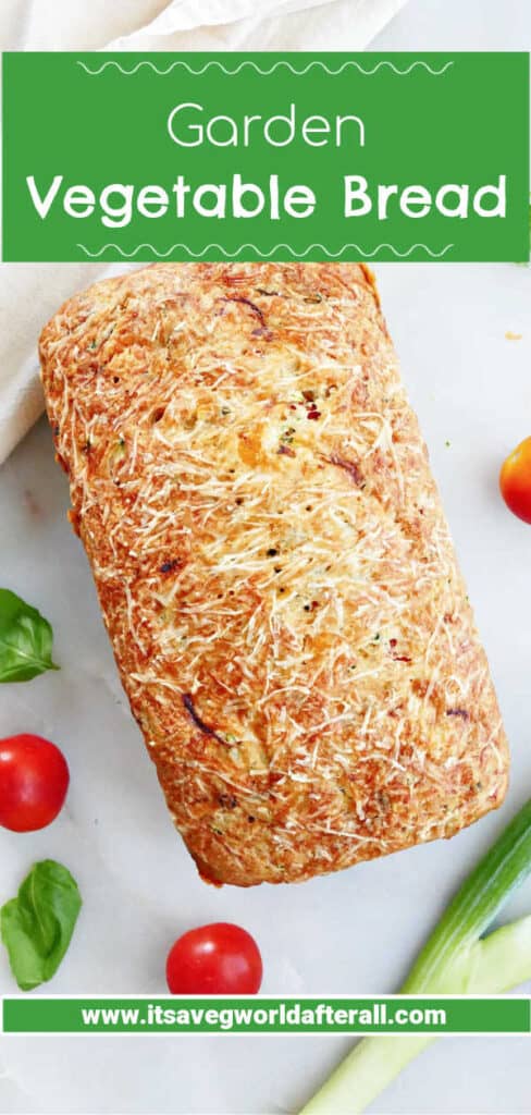 loaf of vegetable bread on a counter with text boxes for recipe name and website