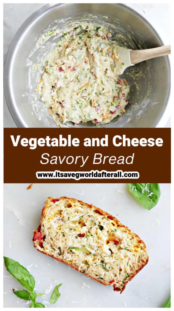 batter for vegetable bread in a bowl and slice of finished bread separated by text box