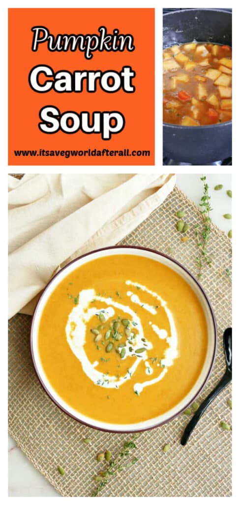 carrot and pumpkin soup in a bowl and cooking in a pot with text box