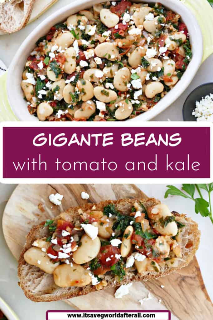 gigante beans in a serving dish and on bread separated by text box with recipe name