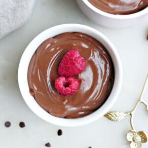 tofu chocolate mousse in a bowl with berries on a counter