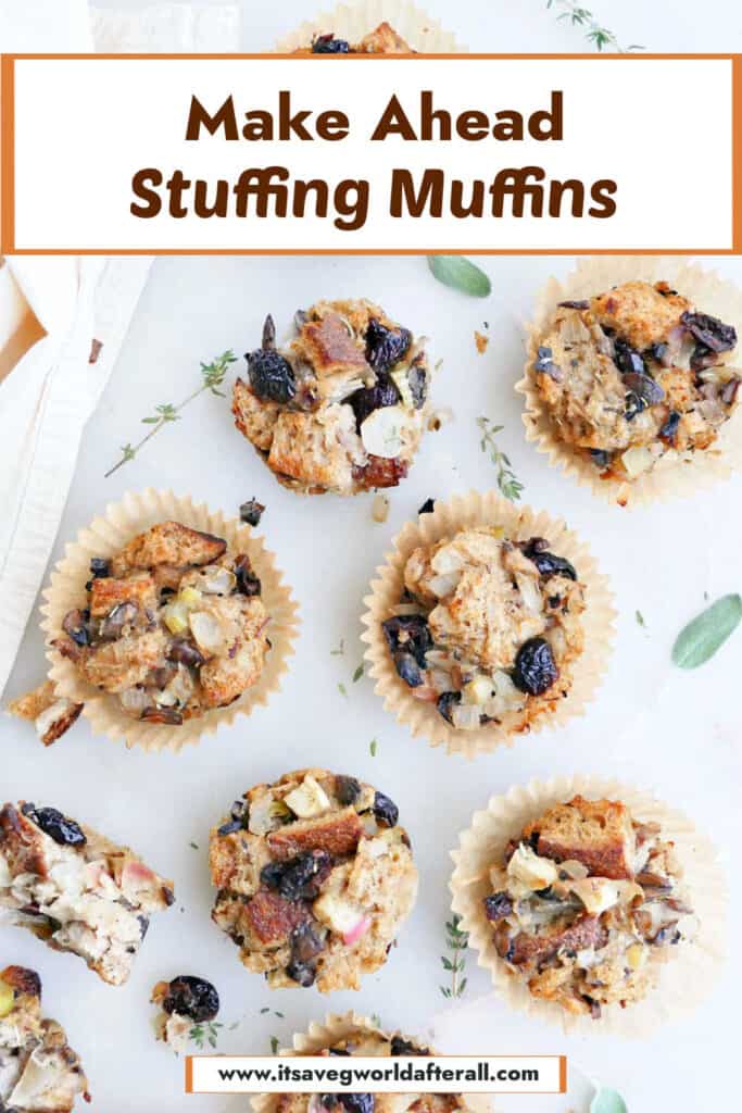 stuffing muffins on a counter with text boxes for recipe name and website