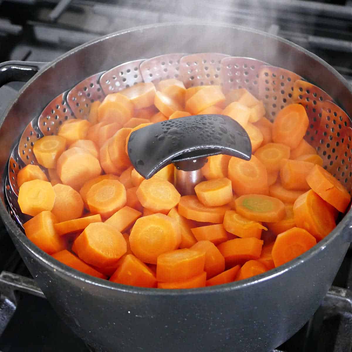 carrot slices steaming in a basket in a pot on the stove