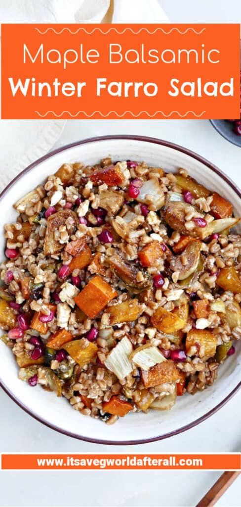 winter farro salad in a serving bowl with text boxes for recipe name and website