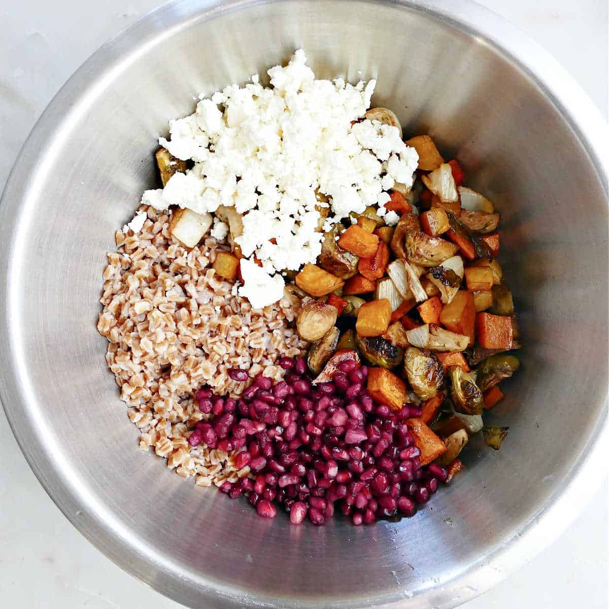ingredients for winter farro salad in a mixing bowl before being tossed together