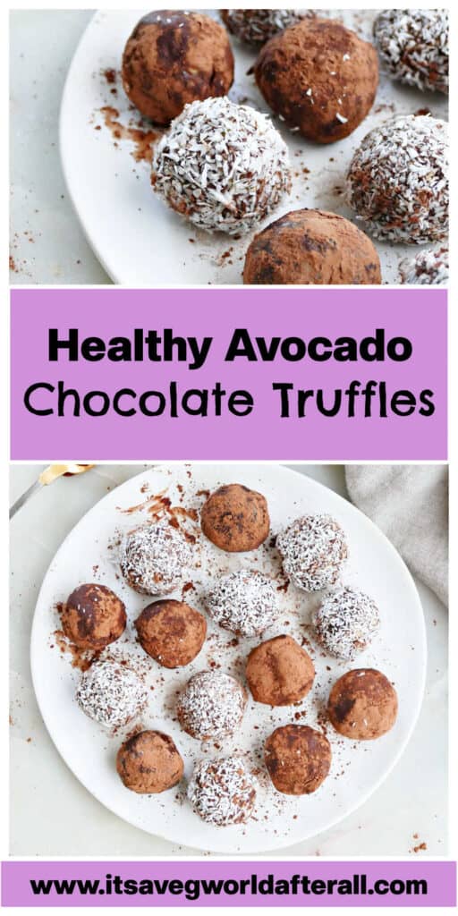 avocado truffles on a serving plate with text boxes for recipe name and website