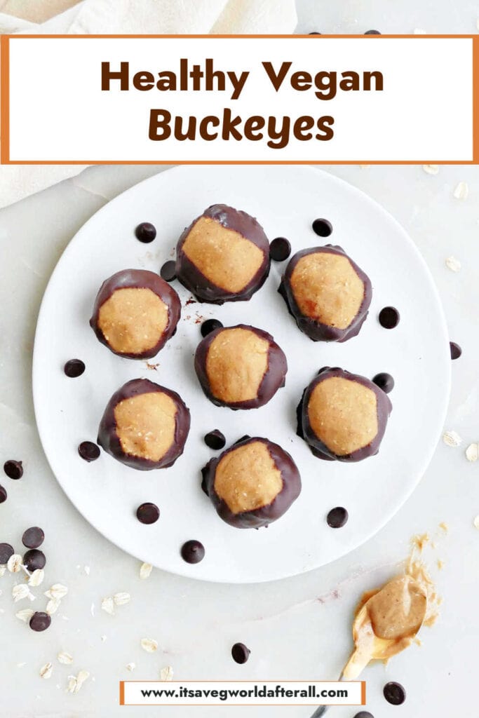 vegan buckeyes on a plate with chocolate chips under text box with recipe name