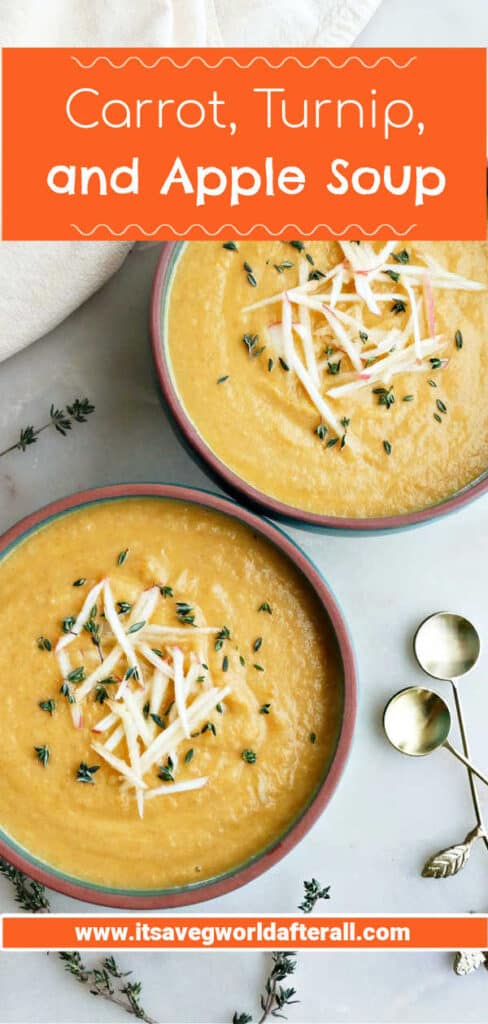 two bowls of carrot turnip soup on a counter with text boxes for recipe and website