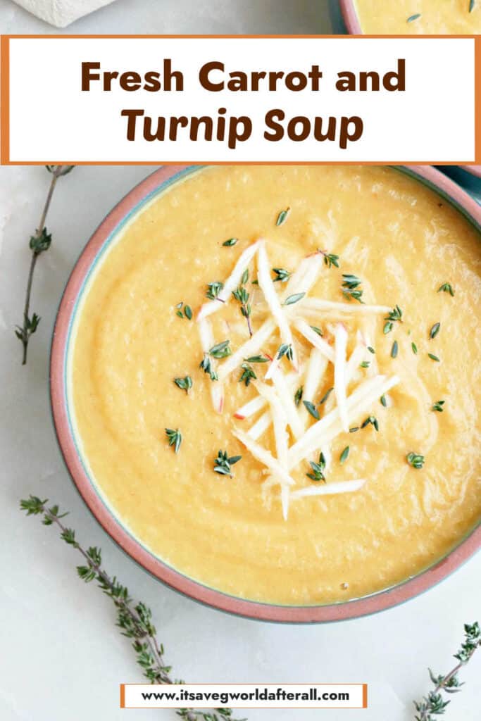 bowl of turnip and carrot soup on a counter with text box for recipe title