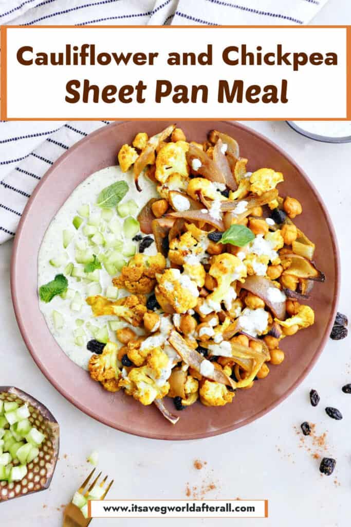 cauliflower chickpea sheet pan meal on a plate with text box for recipe title