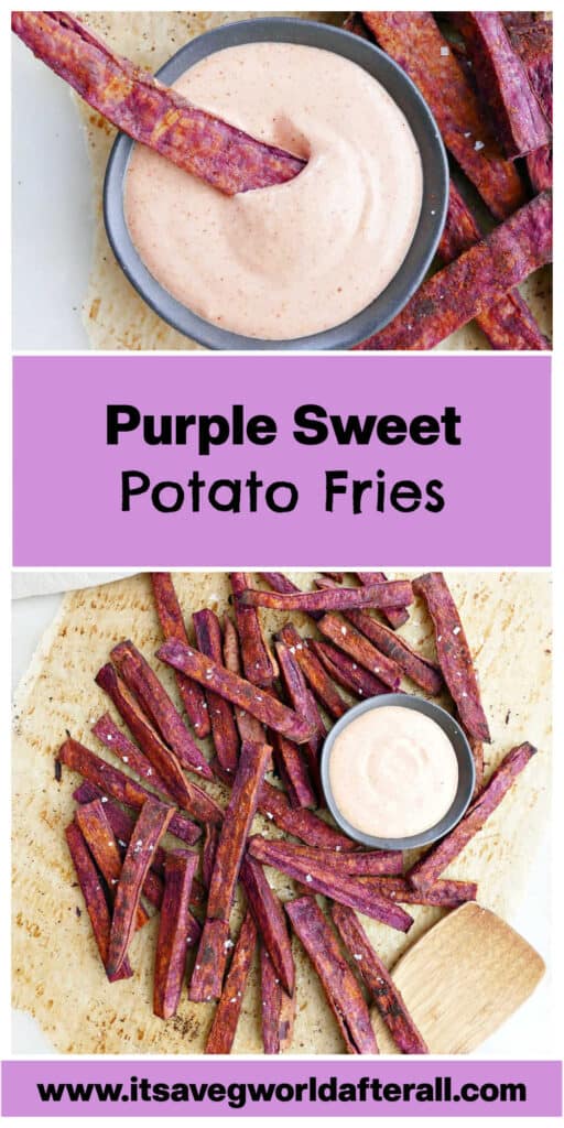 purple sweet potato fries with dipping sauce with text box for recipe name